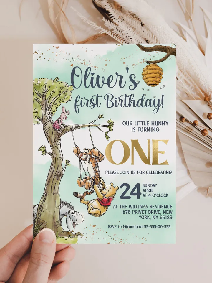 Classic Winnie Pooh Baby Birthday Invitation; Winnie Pooh Baby Birthday ; Greenery Baby Birthday; Honey Bear Birthday; Winnie Pooh wp5