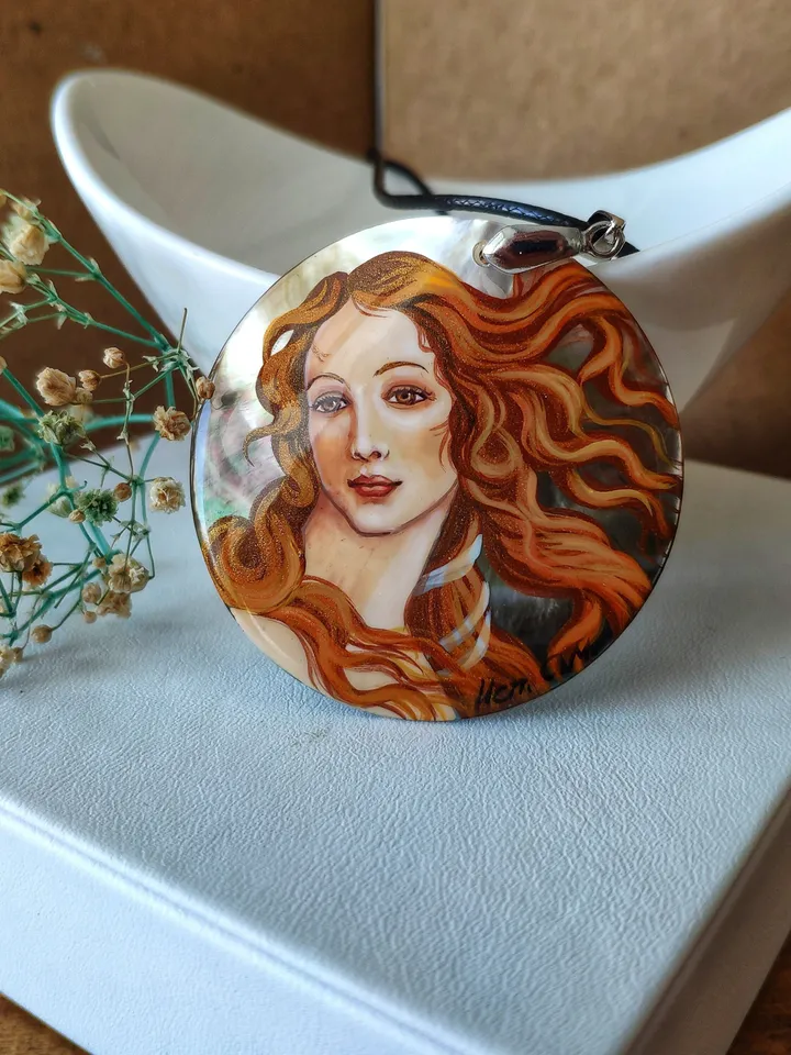 Pearl pendant necklace: Greek goddess on handmade jewelry • The Birth of Venus painted on aesthetic necklace • Elegant art on dainty pendant