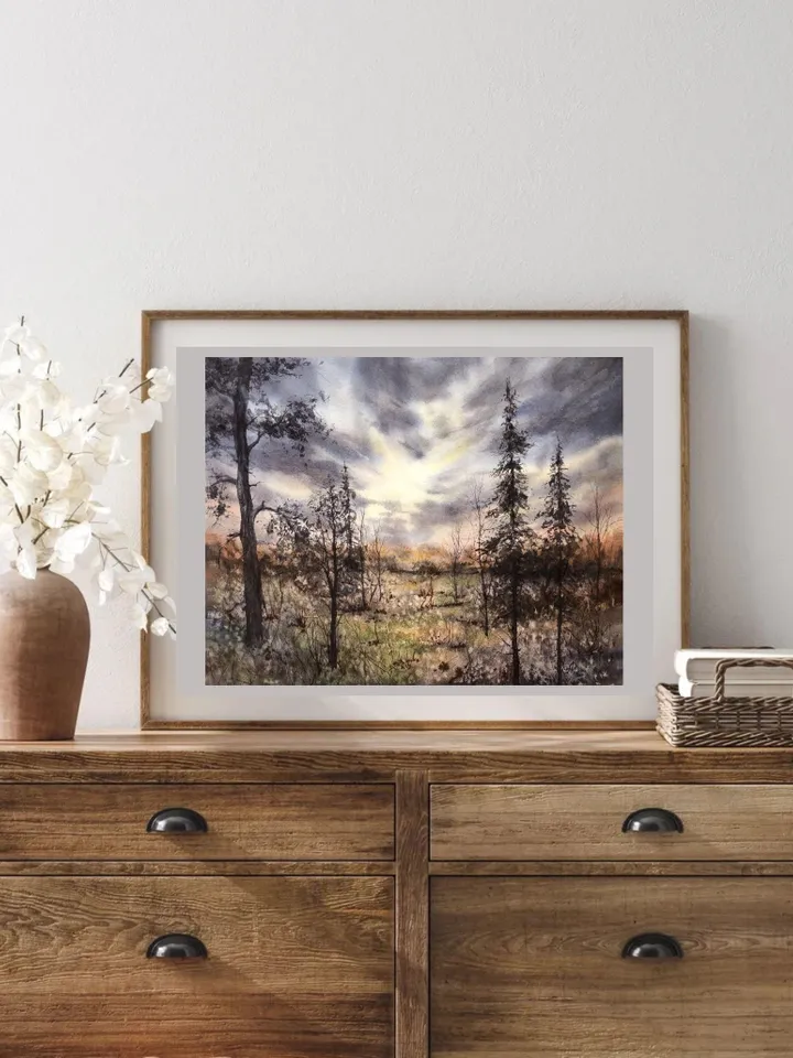 Landscape Original Watercolor Forest Painting Trees Landscape Nature Wall Art