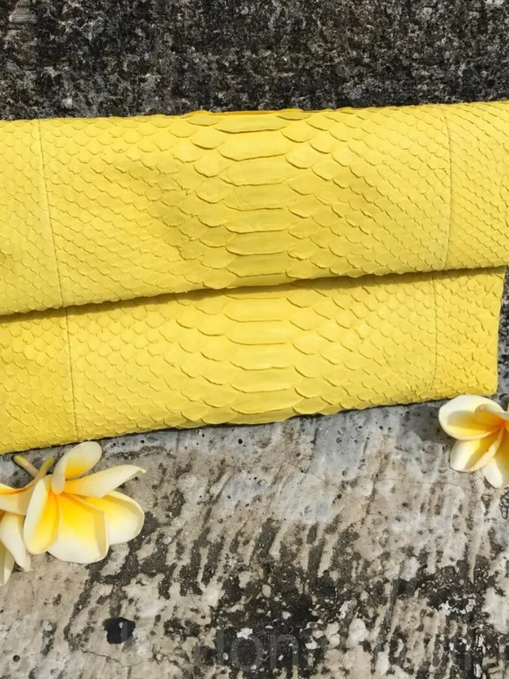 Genuine python skin yellow handmade clutch, classy elegant leather envelope bag, purse free shipping, flat snake leather clutch,small clutch