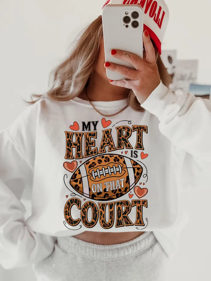 My heart is on that Court Football PNG Game Day Tshirt Design Leopard Heart Football Mom Mama Sublimation Design Digital Download File