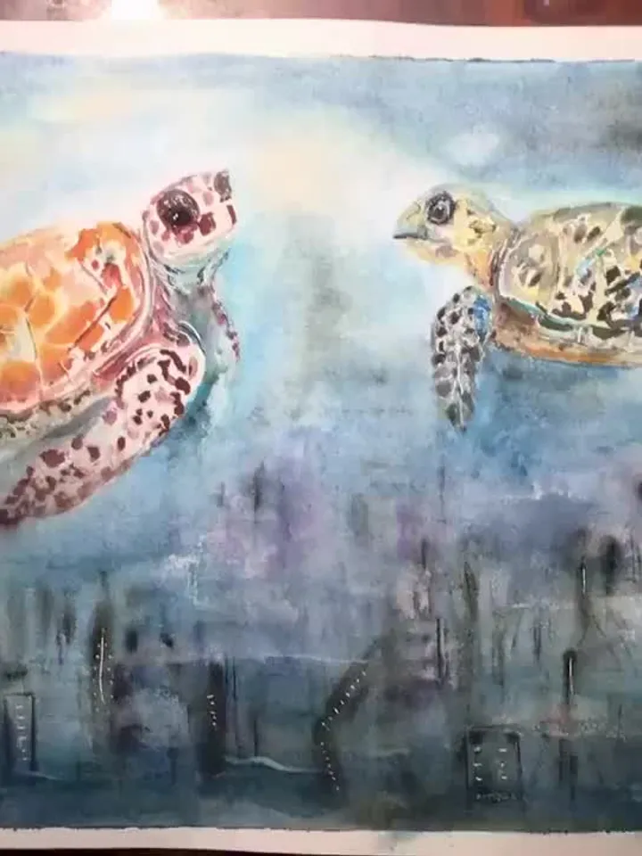 Turtles flying over a fantasy town,original watercolor painting,turtles painting,animals watercolor painting,fantasy wall art.