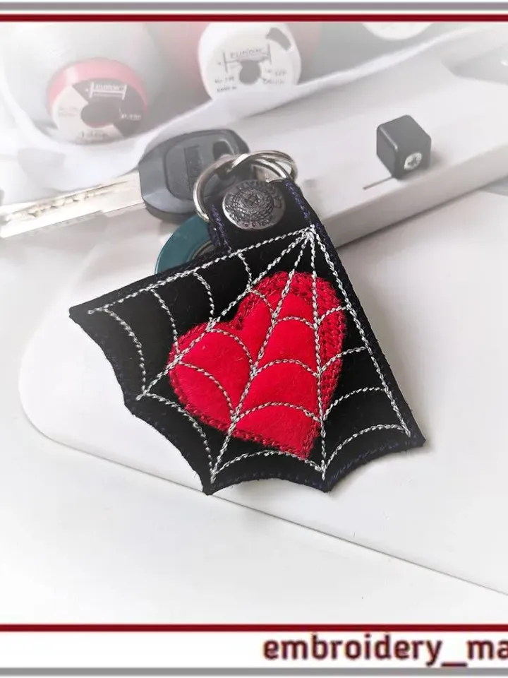 In the hoop embroidery/Keychain with heart in a spider's web – 3 designs