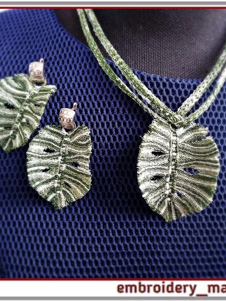 Embroidery design ITH FSL - Quirky pendant, brooch, earrings monstera leaves