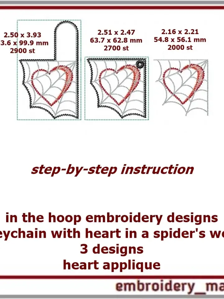 In the hoop embroidery/Keychain with heart in a spider's web – 3 designs