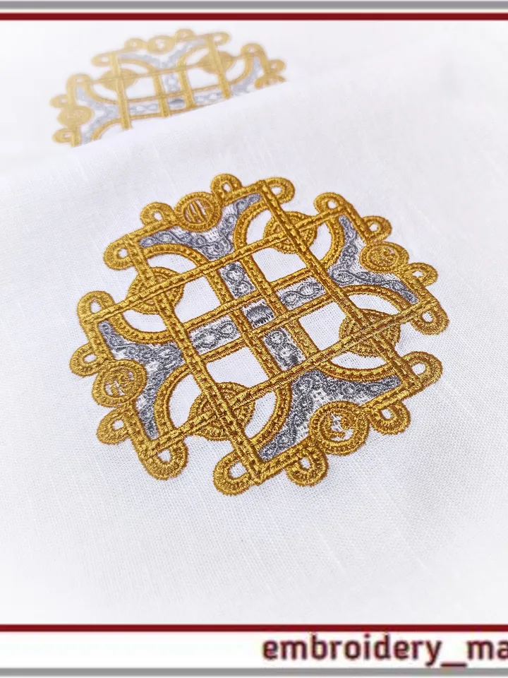 Traditional Cross embroidery design on fabric and lace insert design - Embroidery Manavi 05