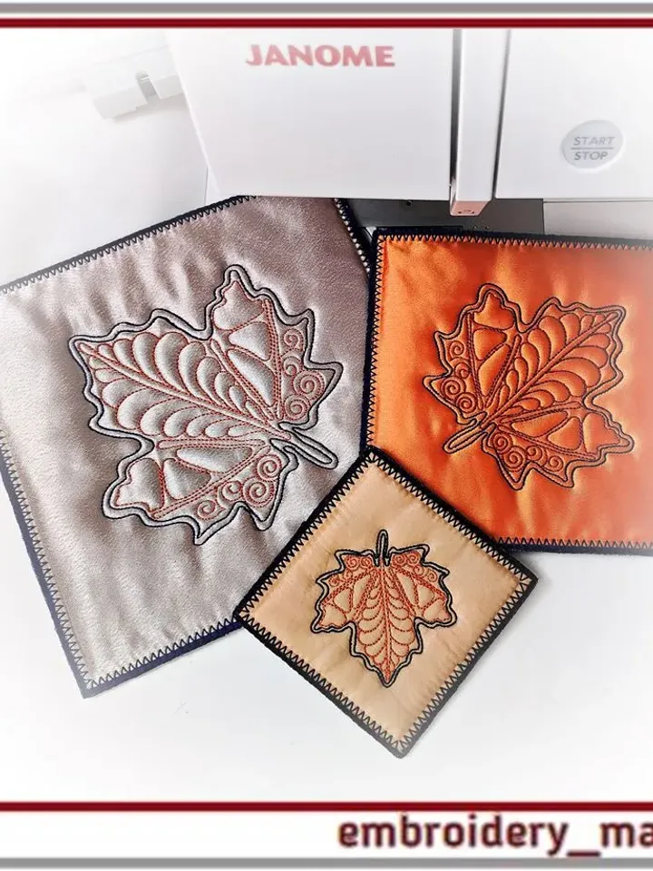 In The Hoop embroidery designs plants and leaves 2 napkin patterns 2 shapes in 3 sizes and 2 quilt blocks in 6 sizes