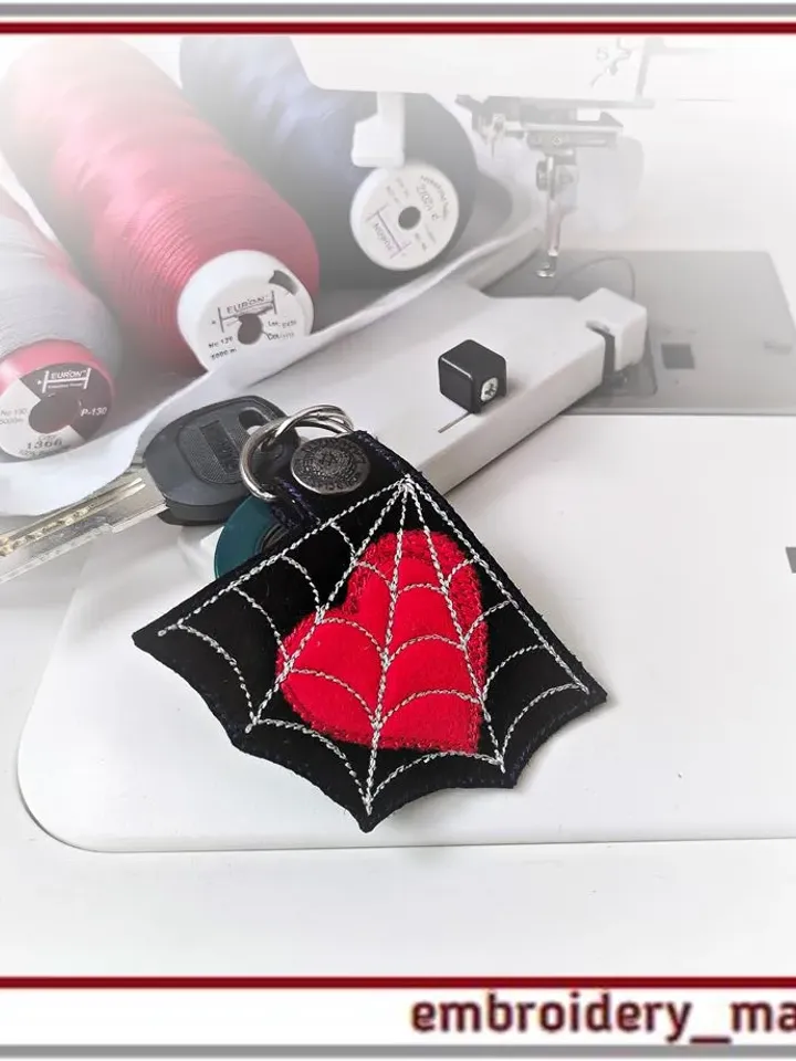 In the hoop embroidery/Keychain with heart in a spider's web – 3 designs