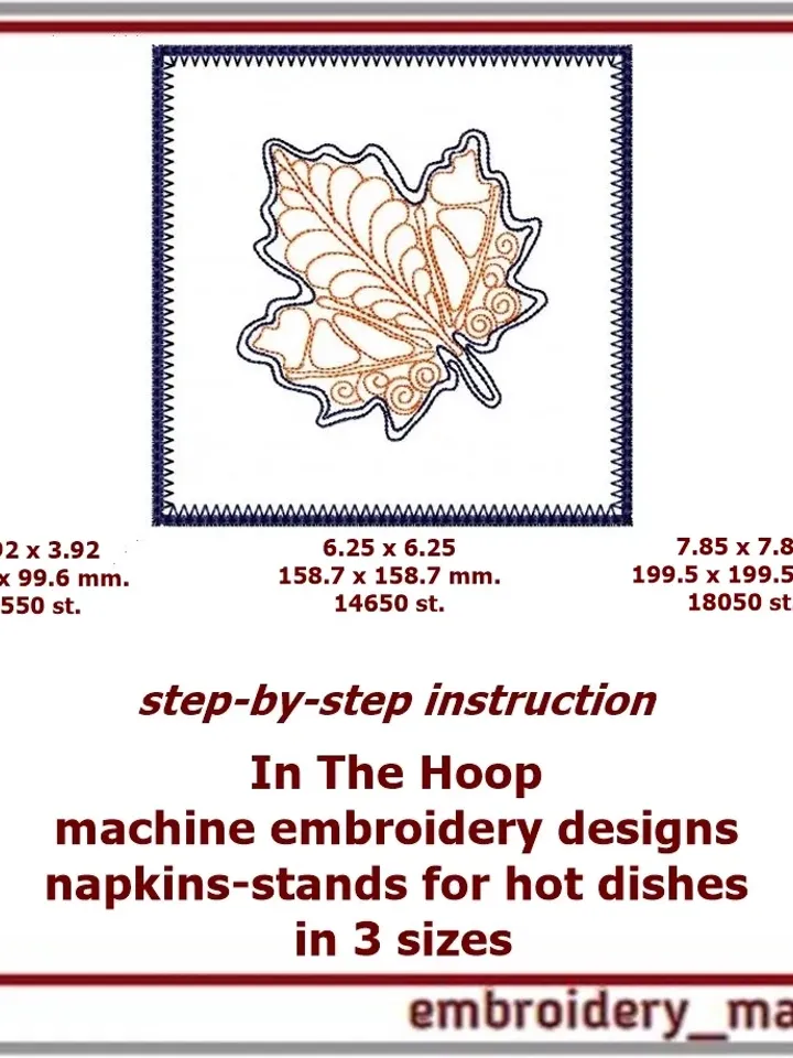 In The Hoop embroidery designs plants and leaves 2 napkin patterns 2 shapes in 3 sizes and 2 quilt blocks in 6 sizes