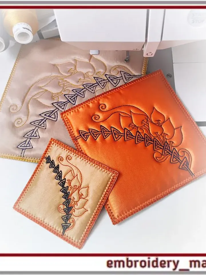 In The Hoop embroidery designs plants and leaves 2 napkin patterns 2 shapes in 3 sizes and 2 quilt blocks in 6 sizes