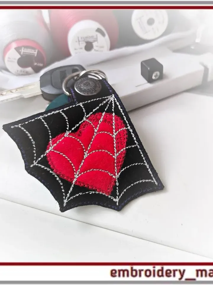 In the hoop embroidery/Keychain with heart in a spider's web – 3 designs