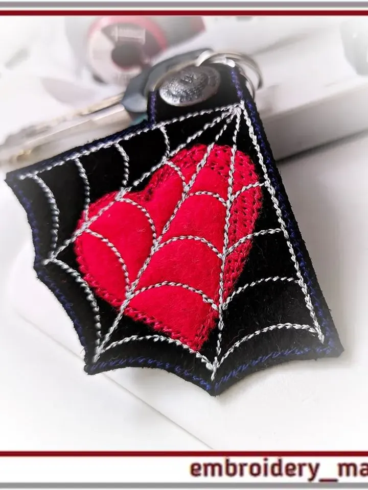 In the hoop embroidery/Keychain with heart in a spider's web – 3 designs