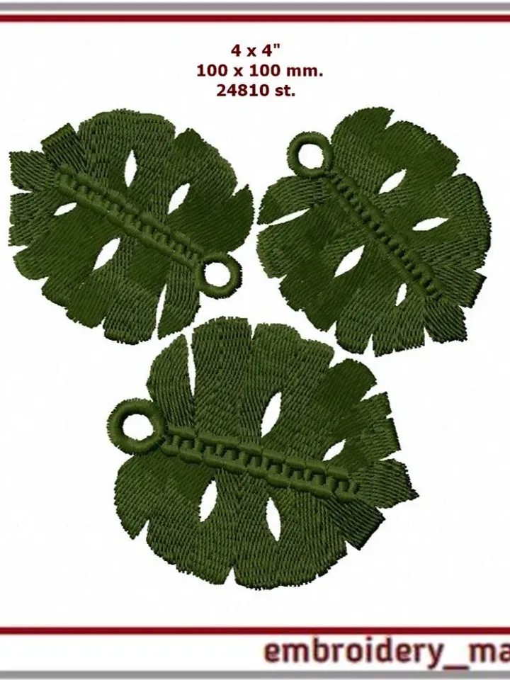 Embroidery design ITH FSL - Quirky pendant, brooch, earrings monstera leaves