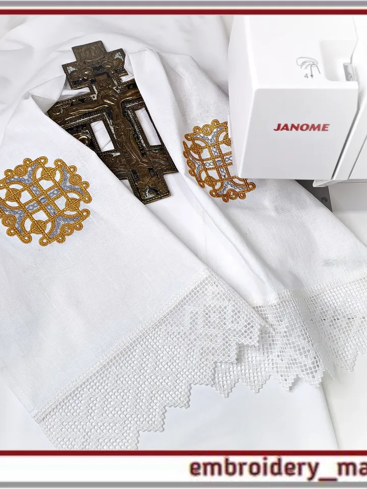 Traditional Cross embroidery design on fabric and lace insert design - Embroidery Manavi 05
