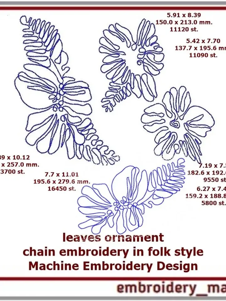 Leaves ornament Tambourine embroidery in folk style Digital Machine Embroidery Design