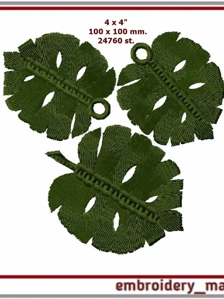 Embroidery design ITH FSL - Quirky pendant, brooch, earrings monstera leaves