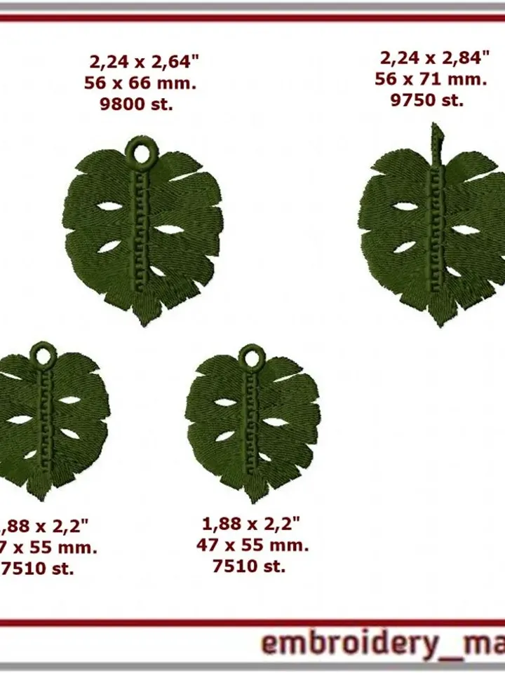 Embroidery design ITH FSL - Quirky pendant, brooch, earrings monstera leaves