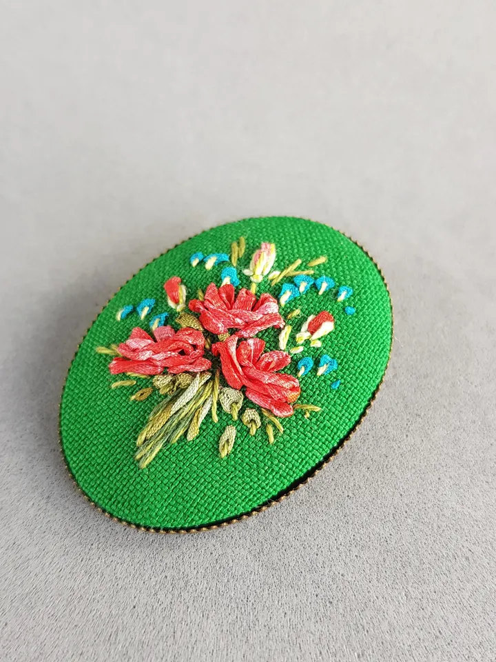 Ribbon embroidered red rose on brooch, 4th wedding anniversary gift, custom embroidery bouquet