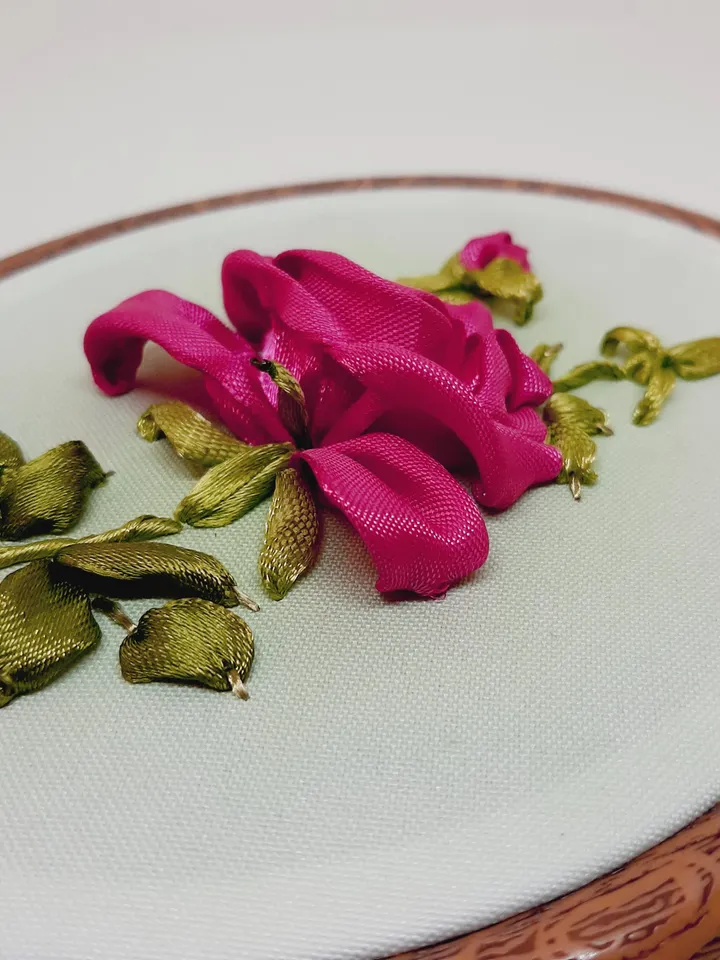 Embroidered picture with rose, ribbon embroidery wall decor