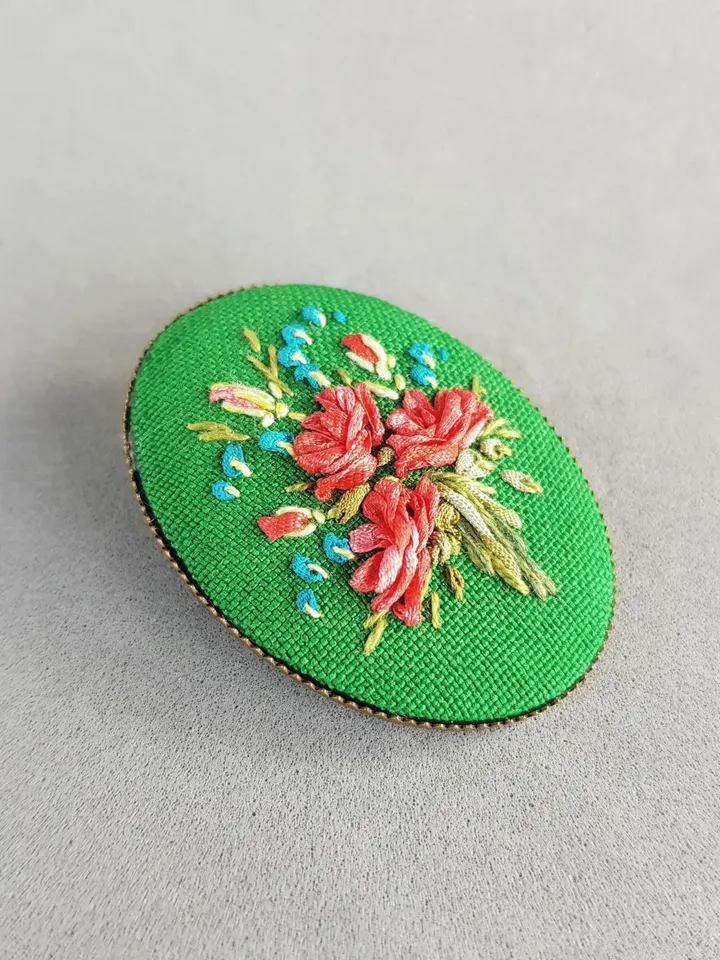 Ribbon embroidered red rose on brooch, 4th wedding anniversary gift, custom embroidery bouquet