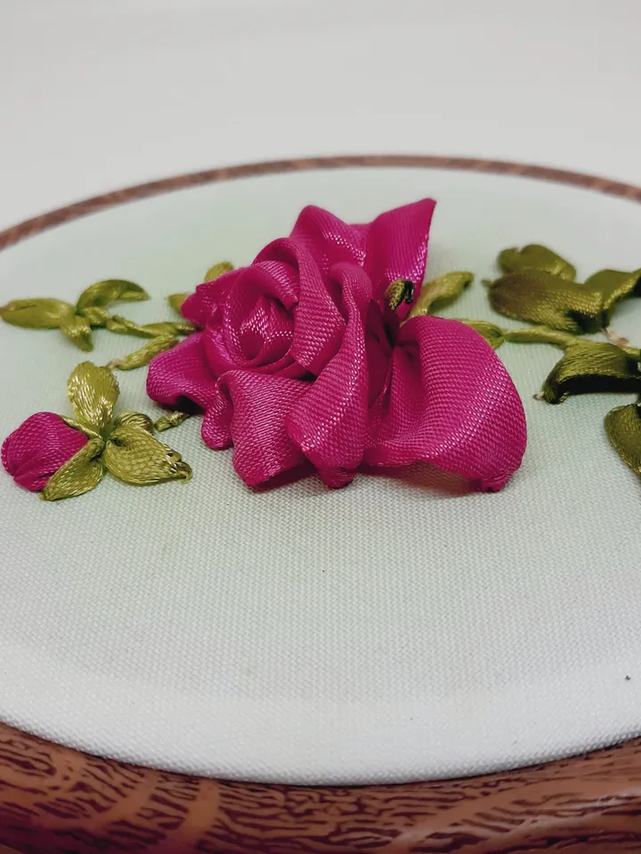 Embroidered picture with rose, ribbon embroidery wall decor