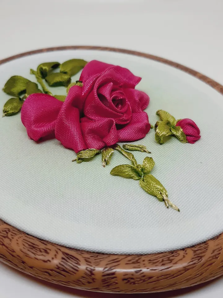 Embroidered picture with rose, ribbon embroidery wall decor