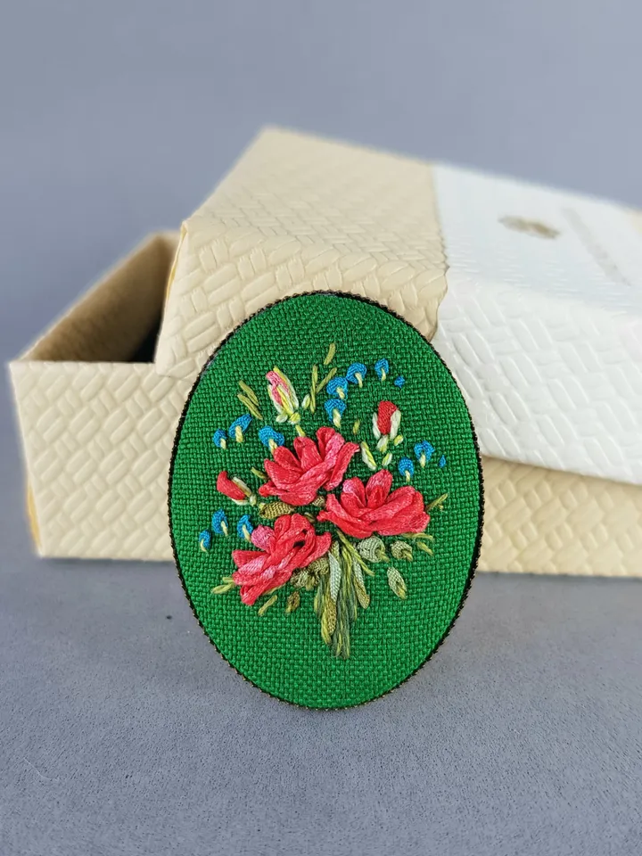 Ribbon embroidered red rose on brooch, 4th wedding anniversary gift, custom embroidery bouquet