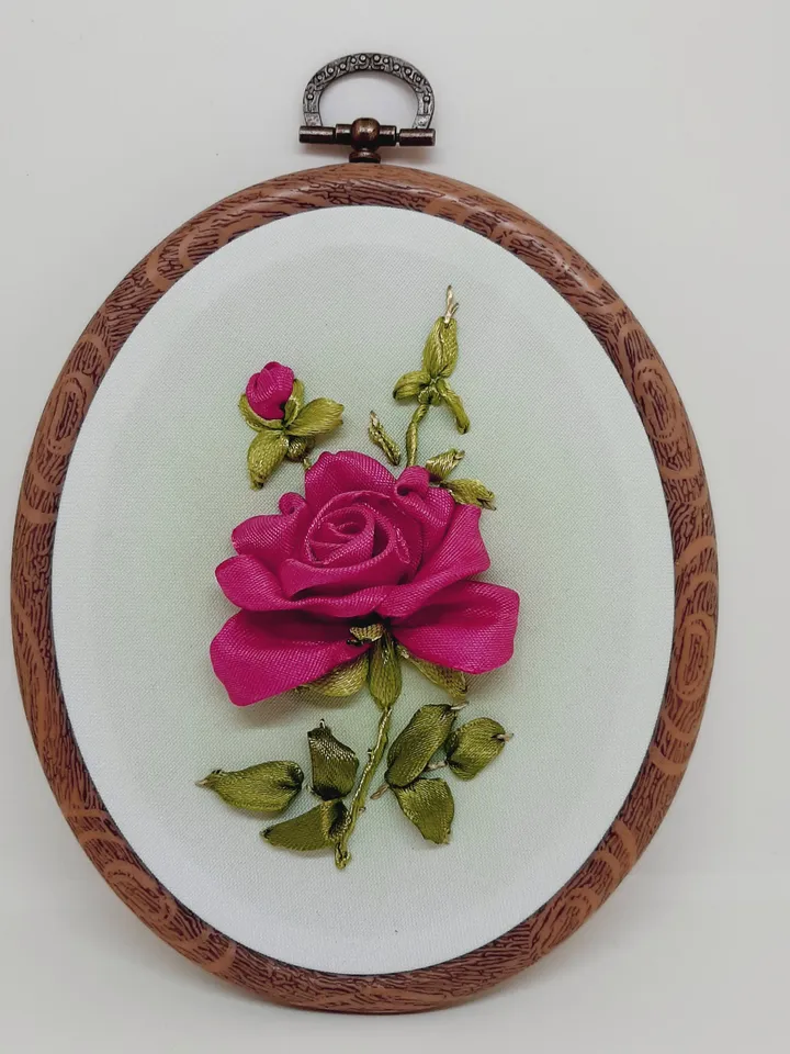 Embroidered picture with rose, ribbon embroidery wall decor