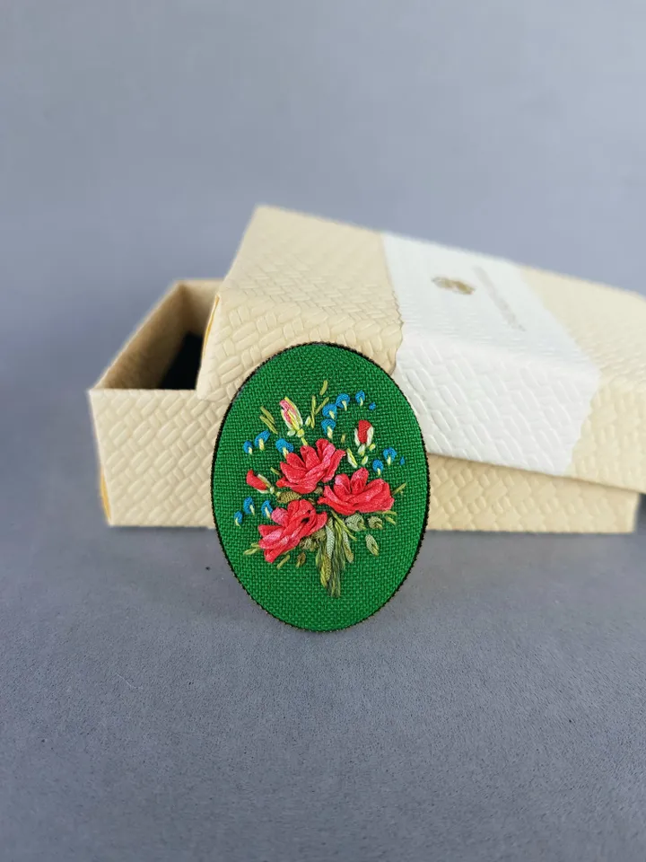 Ribbon embroidered red rose on brooch, 4th wedding anniversary gift, custom embroidery bouquet