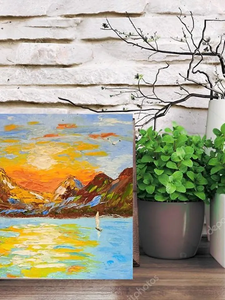 Sunset at sea Seascape Sailboats at sunset Orange sunset Original painting