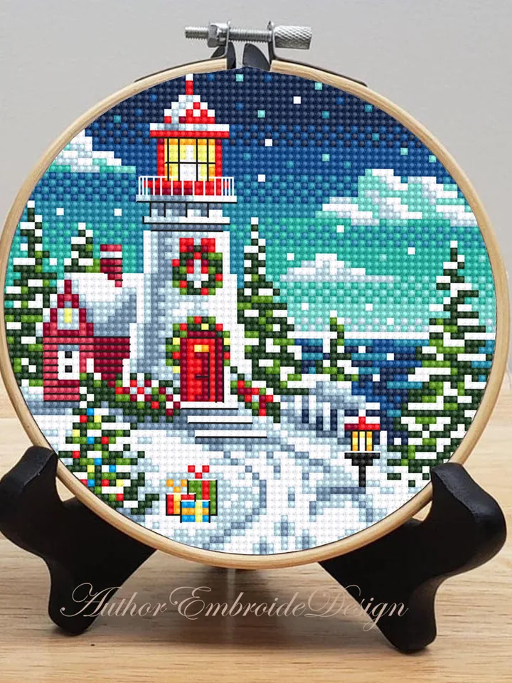 Christmas lighthouse cross stitch pattern PDF download Winter landscape cross stitch chart, Christmas pattern digital PDF Winter house #N186