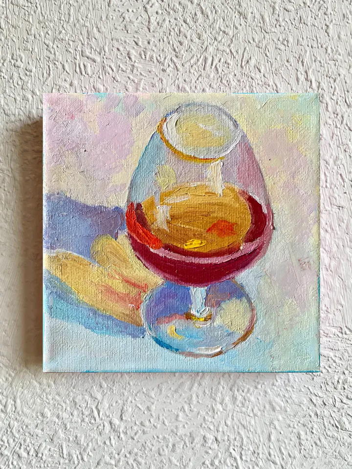 Cognac Painting Original Drink Wall Art Glass of Brandy Oil on Canvas Bar Cart Decor 6"x6"