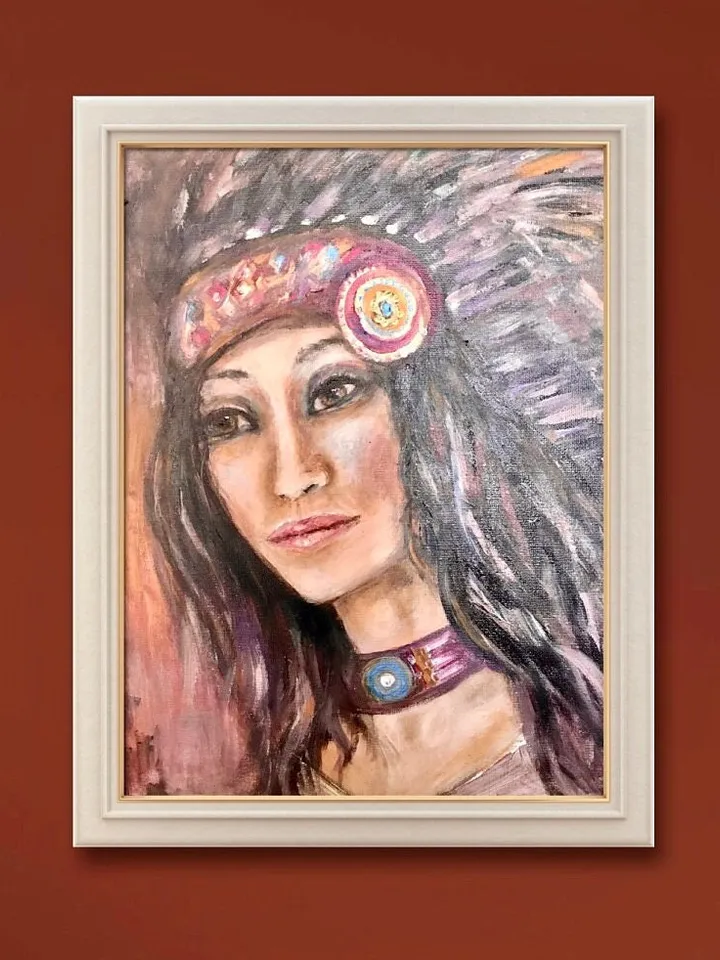 Native American queen original acrylic painting on canvas board,woman in national cloths,home decoration wall art,one of a kind.