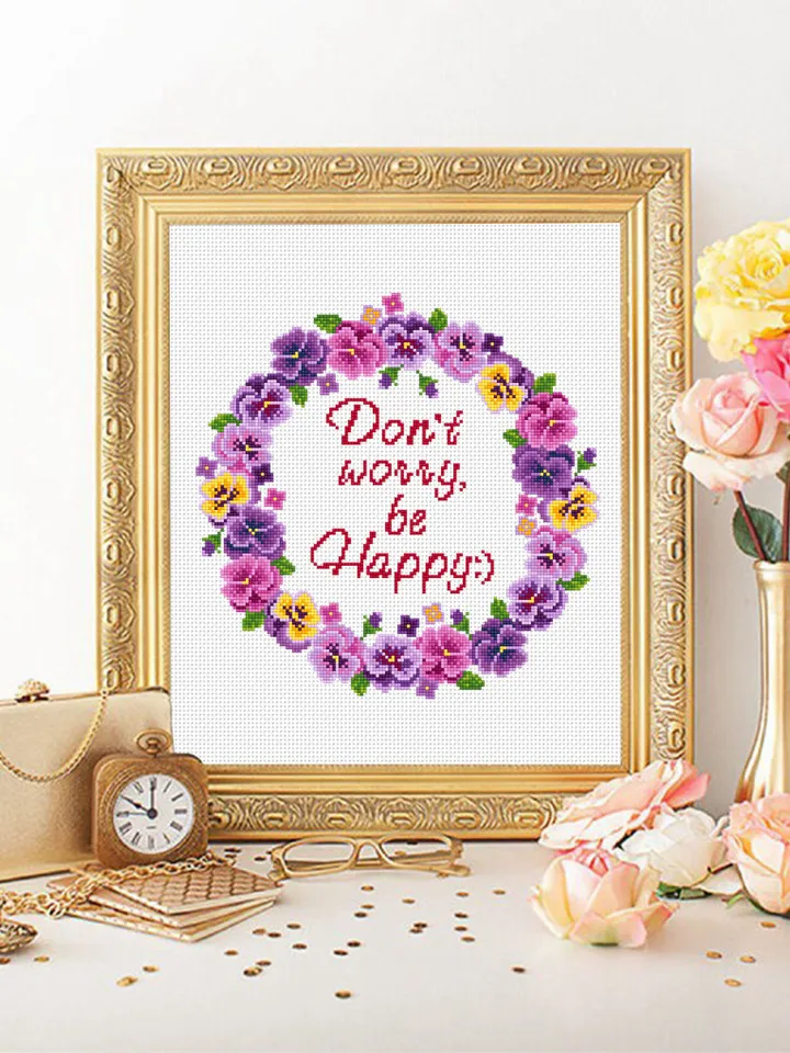 Framed quote cross stitch pattern PDF download Dont worry be happy, Flower wreath cross stitch chart, Floral frame cross stitch, Violet #Q32