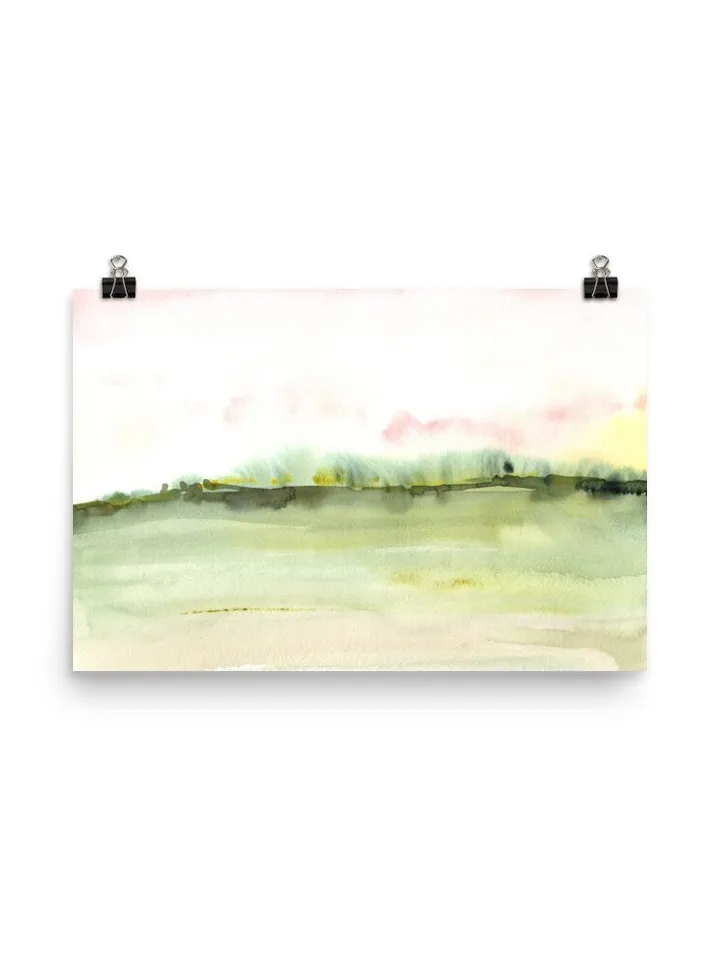 Pink Green Landscape Watercolor Painting,Neutral Maximalist Pink Art,Horizontal Art, Minimalist Landscape Wall Art, Pink Wall Decor
