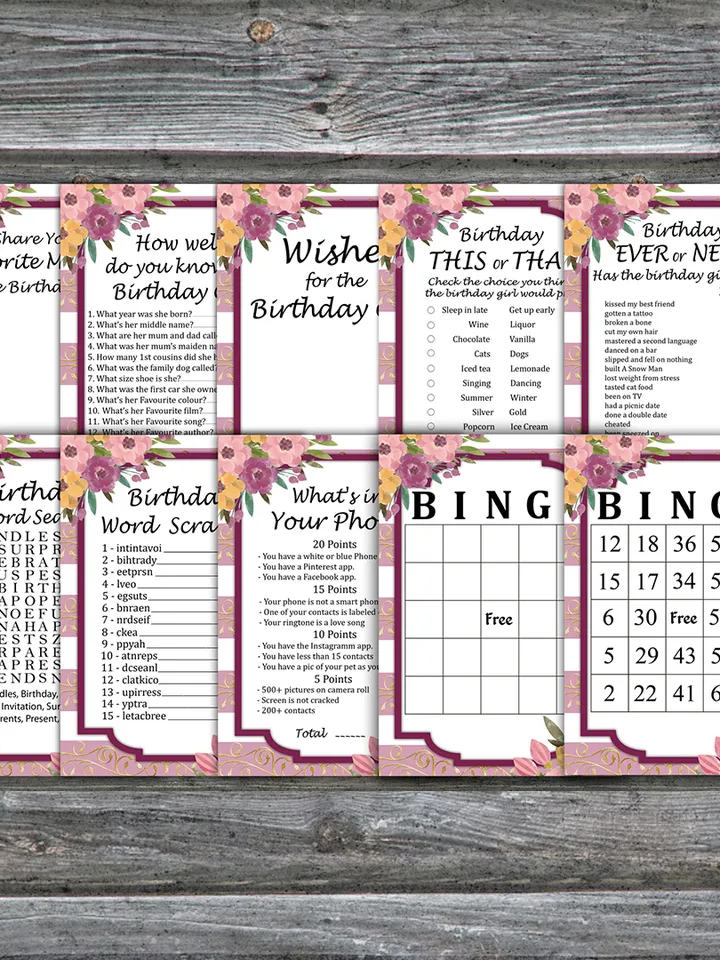 Pink Striped Birthday Party Games bundle,Adult birthday games package,Printable Birthday Games,INSTANT DOWNLOAD