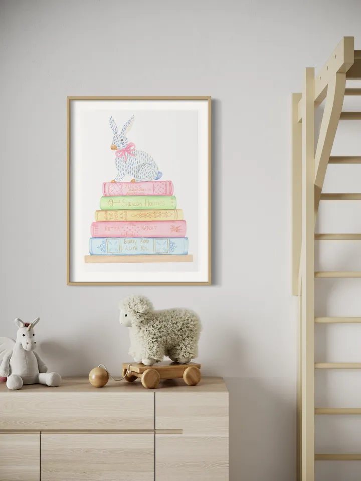 Book And Rabbit Watercolor Painting Print, Gift For Books Lover, Children Book, Book Lover Decor, Stack Of Books,Cute Baby Bunnies Art Print