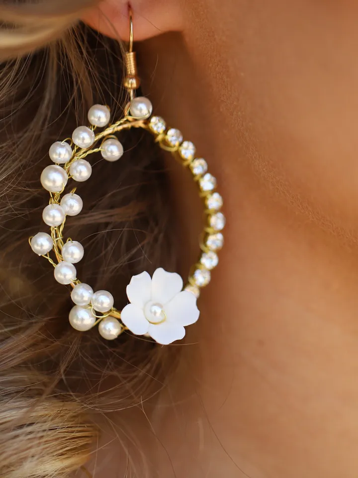 White Rose Earrings, Flower Hoop Earrings, Gold Bridal Earrings, White Floral Earrings, Wedding Earrings, Statement Wedding Earrings Jewelry