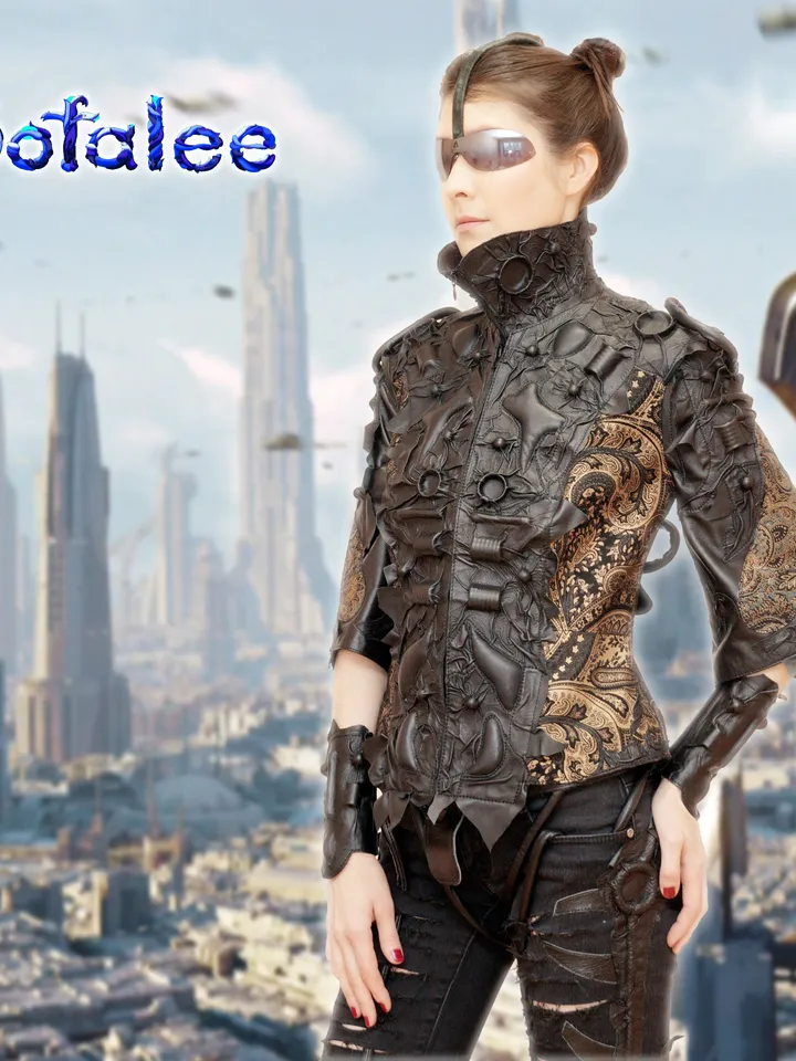 The unique genuine leather jacket 3/4 sleeves, wide bracelets, collar, cyberpunk style by Sofalee. The real leather coat