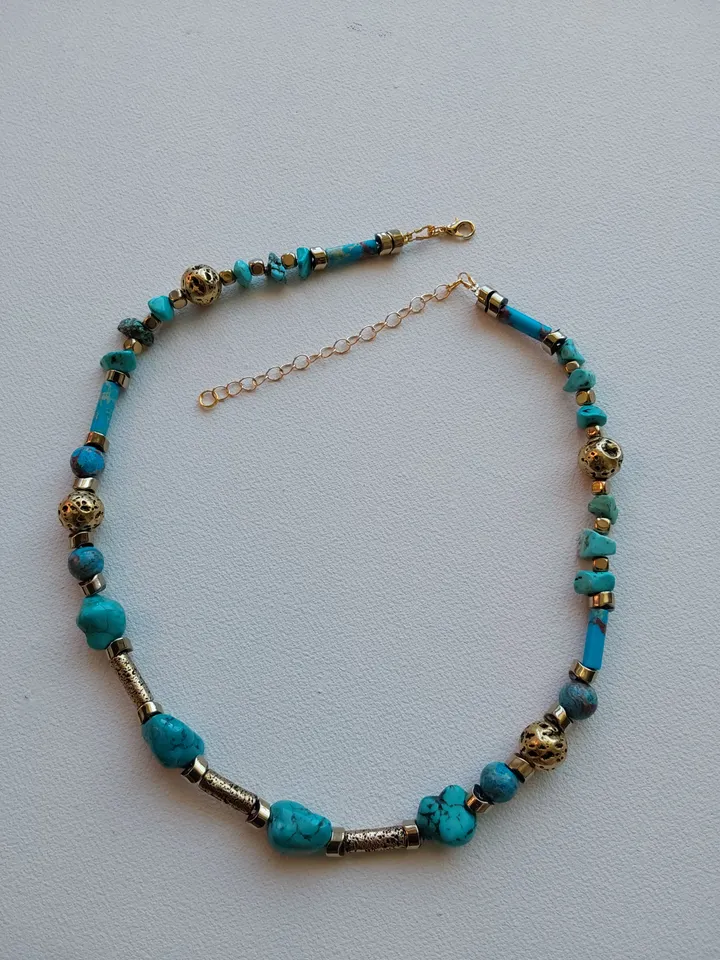 Choker, necklace, beads made of turquoise, volcanic lava, tinted in antique gold colorand, gilded hematite. Length 42-50cm