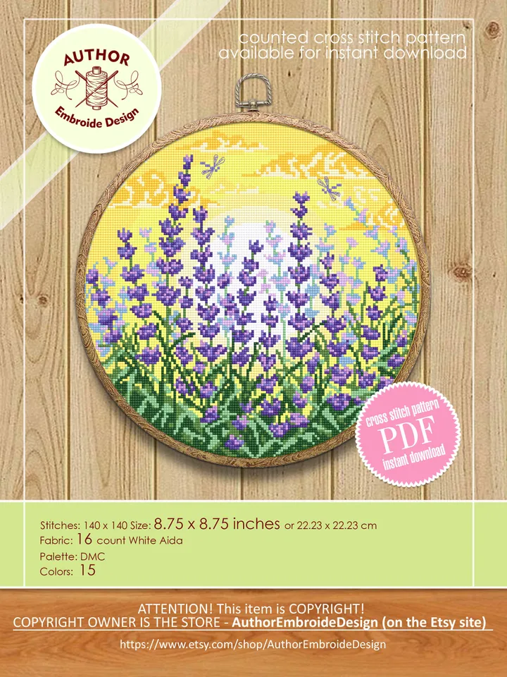 Lavender flower cross stitch pattern download PDF Summer nature cross stitch, Lavender cross stitch chart, Nature hoop art cross stitch #L55