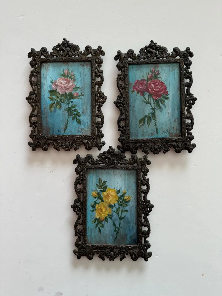 Roses Oil Painting Aceo Original Painting Framed Shabby Chic Painting