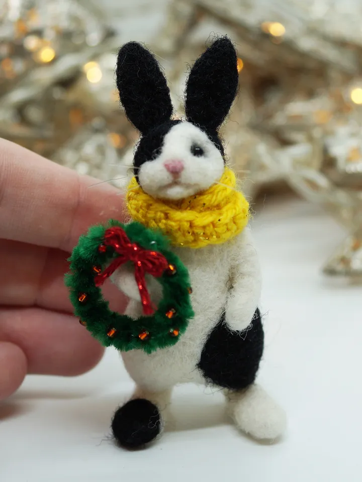Cuddles the rabbit, needle felted black and white rabbit, Christmas gift, ships from the US