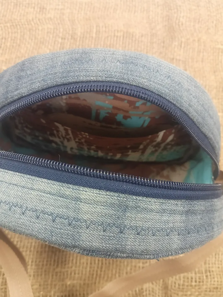 Unusual round denim purse with 4 pockets , small crossbody bag