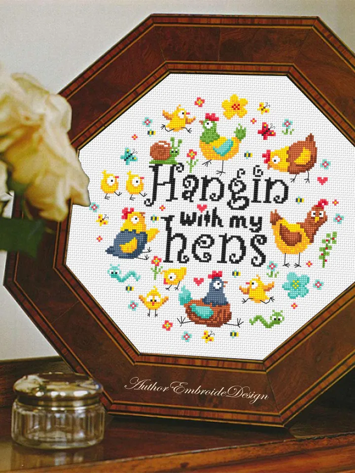 Funny chickens cross stitch pattern PDF instant download Hangin with my hens cross stitch chart, Funny pattern digital PDF for friends #Q64