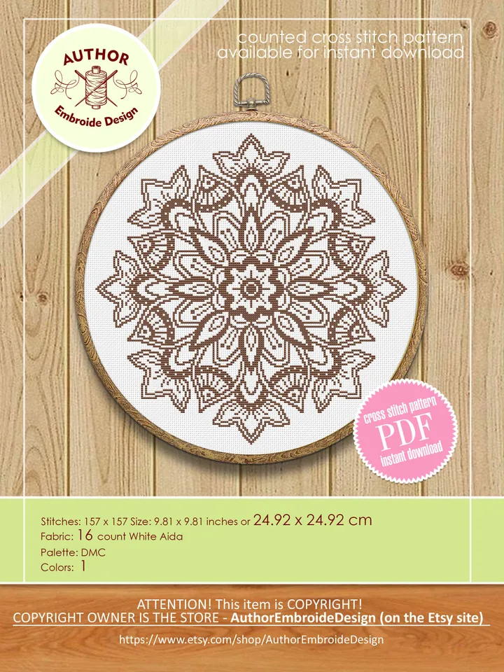 Flower mandala cross stitch pattern download PDF Monochrome cross stitch Floral mandala digital Floral cross stitch Beginner stitch #M169