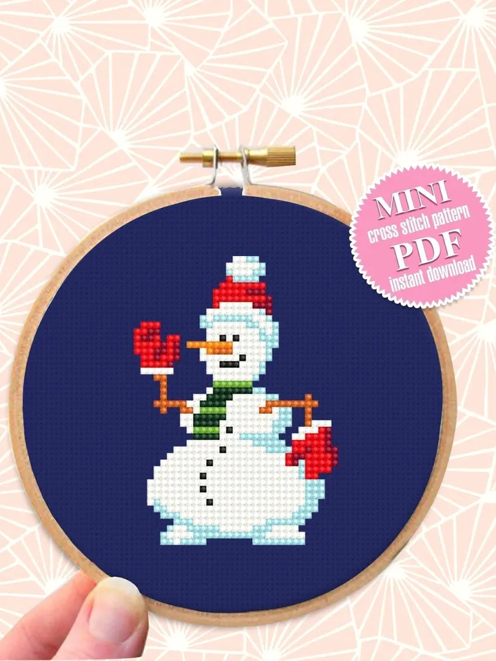 Small Christmas snowman cross stitch pattern download PDF Cute snowman pattern digital Mini cross stitch chart Winter holiday embroidery #N6