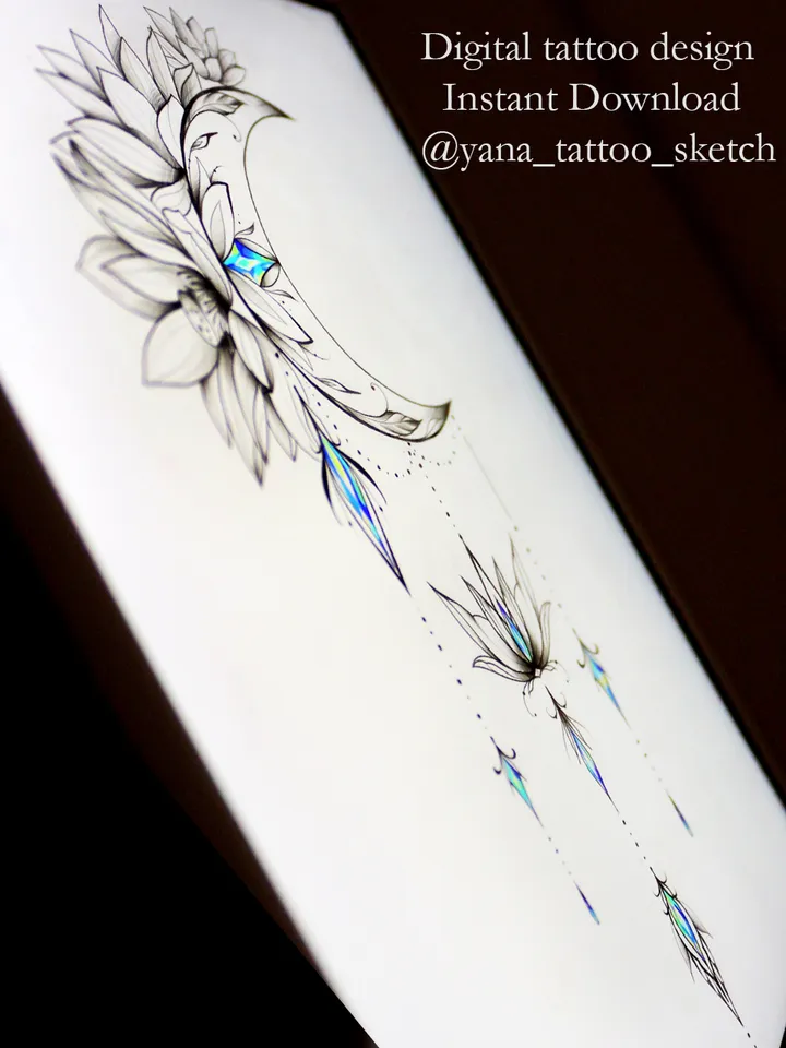 Moon Tattoo Design Crescent Moon Tattoo Sketch Moon and Lotus Tattoo Idea Female, Instant download PDF, JPG
