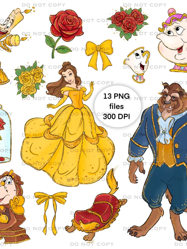 All princess png clipart, watercolor beauty and the beast clipart, magic kingdom illustration, Belle T-shirt design, tshirt princess design