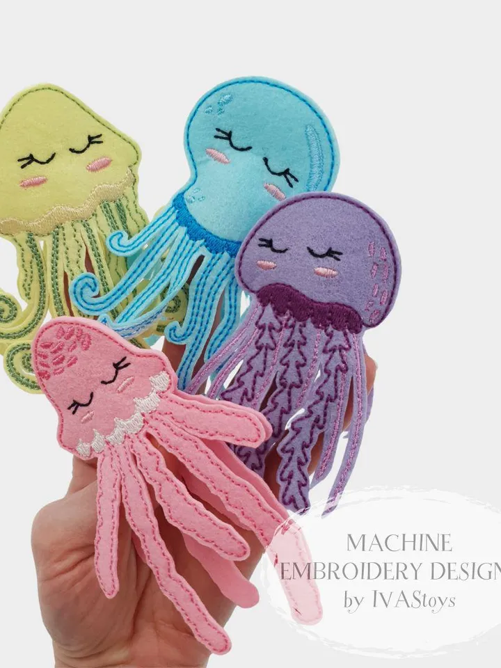Jellyfish Finger Puppets ITH Embroidery Design Set (4 pcs), Cute Ocean Animals Felt Puppet Pattern, Sea Life Toy Digital File